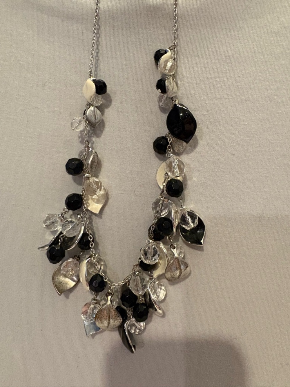 White House Black Market Silver-Tone Black & Clear Leaf Charm Necklace